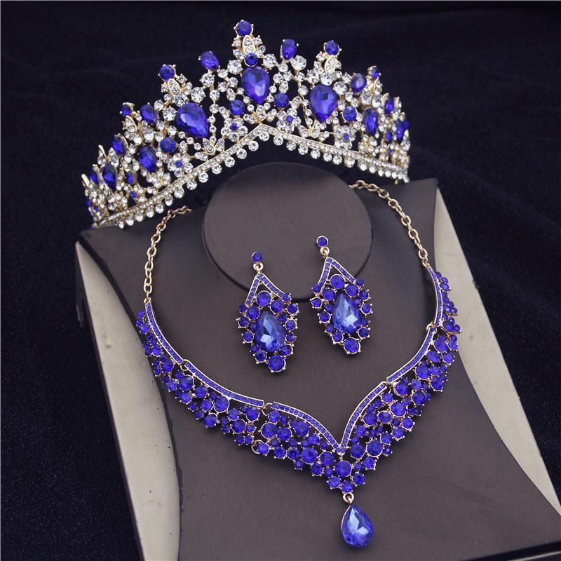 Wunderschöne rosa Kristall-Diademe Brautschmuck-Sets für Frauen Mode Krone Ohrringe koreanische Hochzeit Halskette Dubai Schmuck-Sets