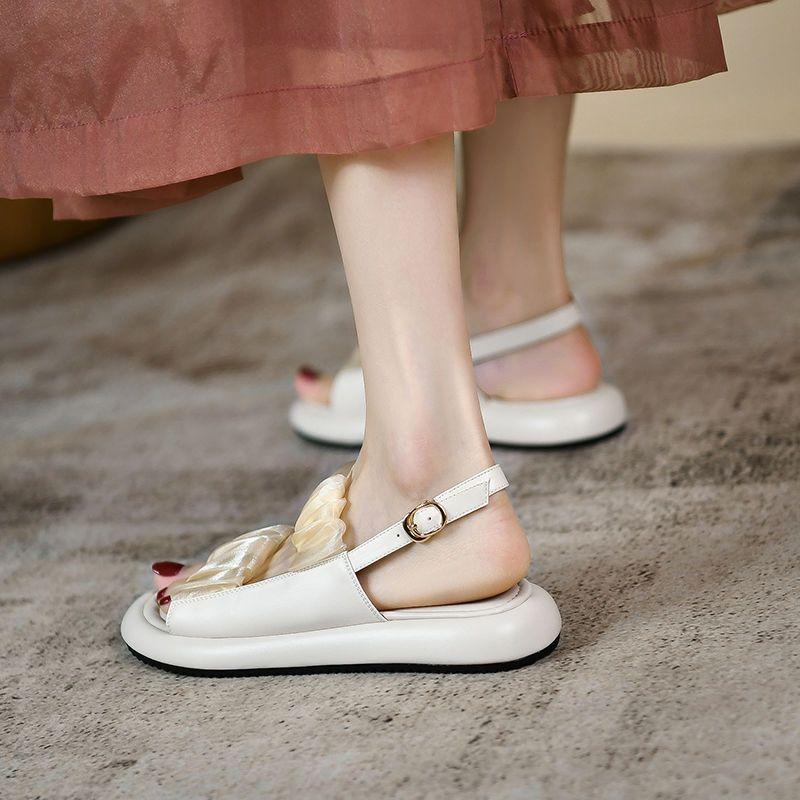 Footwear Wedge with Platform Waterproof Ladies Shoes Medium Heels Summer 2024 Beige Sandals for Women Roman Style Lace Trend H F