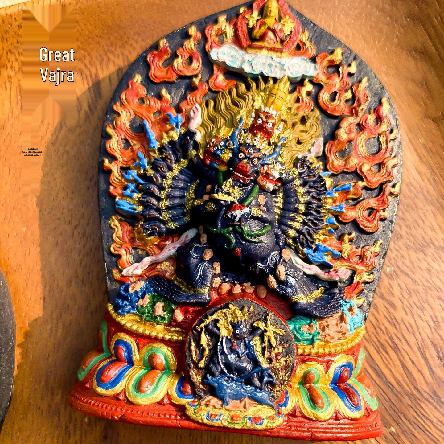 Hand-Painted Vajrabhairava Thangka: Three-Dimensional Mahakala Ornament with Jambhala Buddha Statue