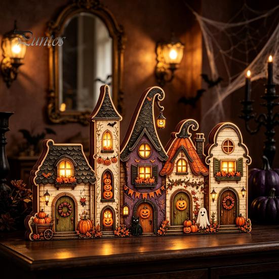 Small Wooden Village Set Halloween Retro Haunted Tabletop Decor, Fall Farmhouse Witch Autumn Theme Interior Ornaments House Ornament, Ghost