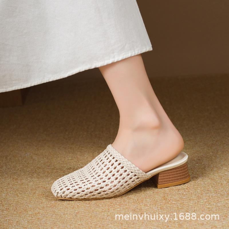 

Плетеная ажурная сумка, сандалии с квадратным носком, женские новые модные дышащие, средний толстый каблук, пустые шлепанцы 40