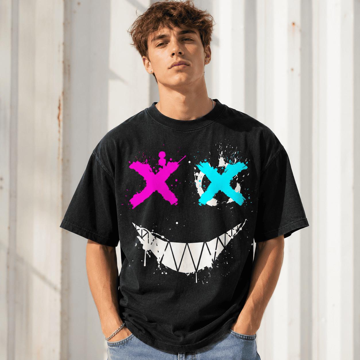 Funny Skull Smile Graphic T-Shirt Neon X Eyes Streetwear Punk Tee XXXXL