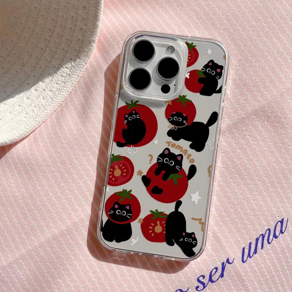 Ins Lovely Tomato Black Cat Cartoon Phone Case For Samsung Galaxy A14 A15 S21 S22 S23 S24 FE Plus Ultra A25 A35 A52 A53 A54 A55