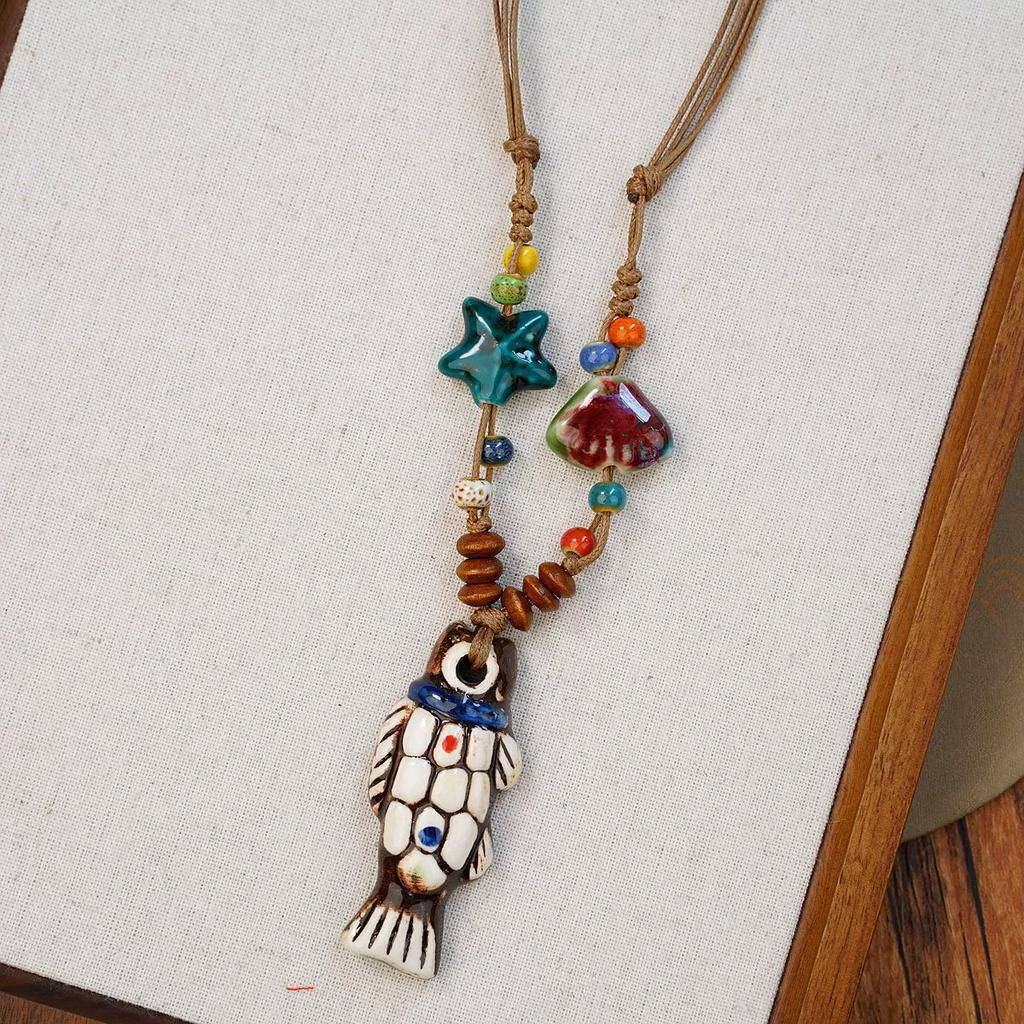 Painted ceramic fish necklace, Bohemian style woven rope necklace, women's vintage high-end beaded clavicle chain