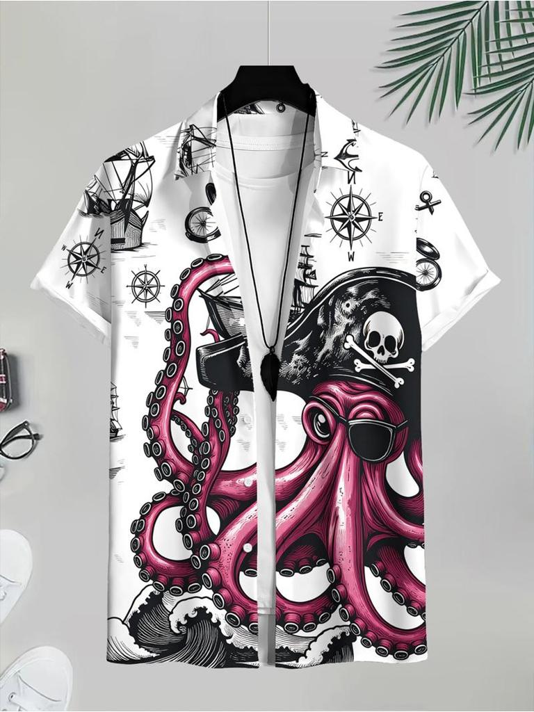 Men'S Casual Octopus Printed Short Sleeve Shirt, Polyester Material, Multiple Specifications Available, Fashionable Style for Daily Wear And Leisure