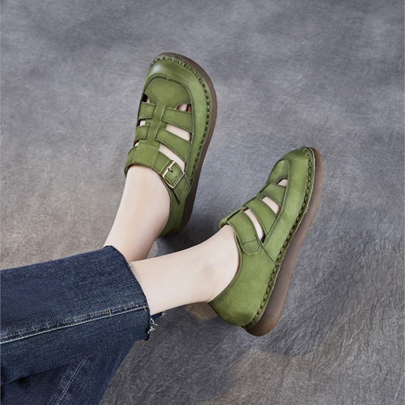 Johnature Genuine Leather Retro Round Toe Sandals Hollow-out Breathable Versatile Women's Flat Shoes
