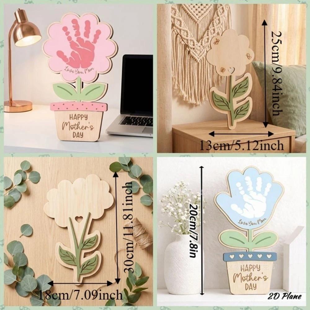 Hand Painted Mother's Day Plaque Ornament Mom Gifts DIY Handprint Sign Decoration 2D Flat Wooden Flower Craft Kids Learning