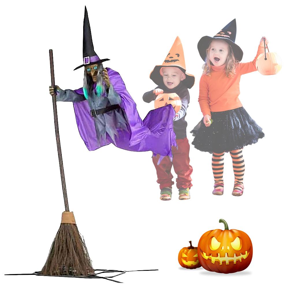 Halloween Props Flying Witch Decoration with Scary Sounds and Lights Halloween Flying Witch Decor for Balcony Entry Themed Party