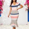 Women Plus Size V Neck Short Sleeve Multicolor Striped Printed Fitted Fishtail Dress