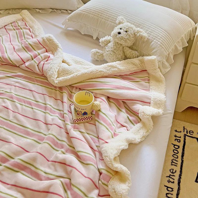 2025 New Striped Milk Fleece Double Blanket Warm Thickened Coral Fleece Office Nap Blanket