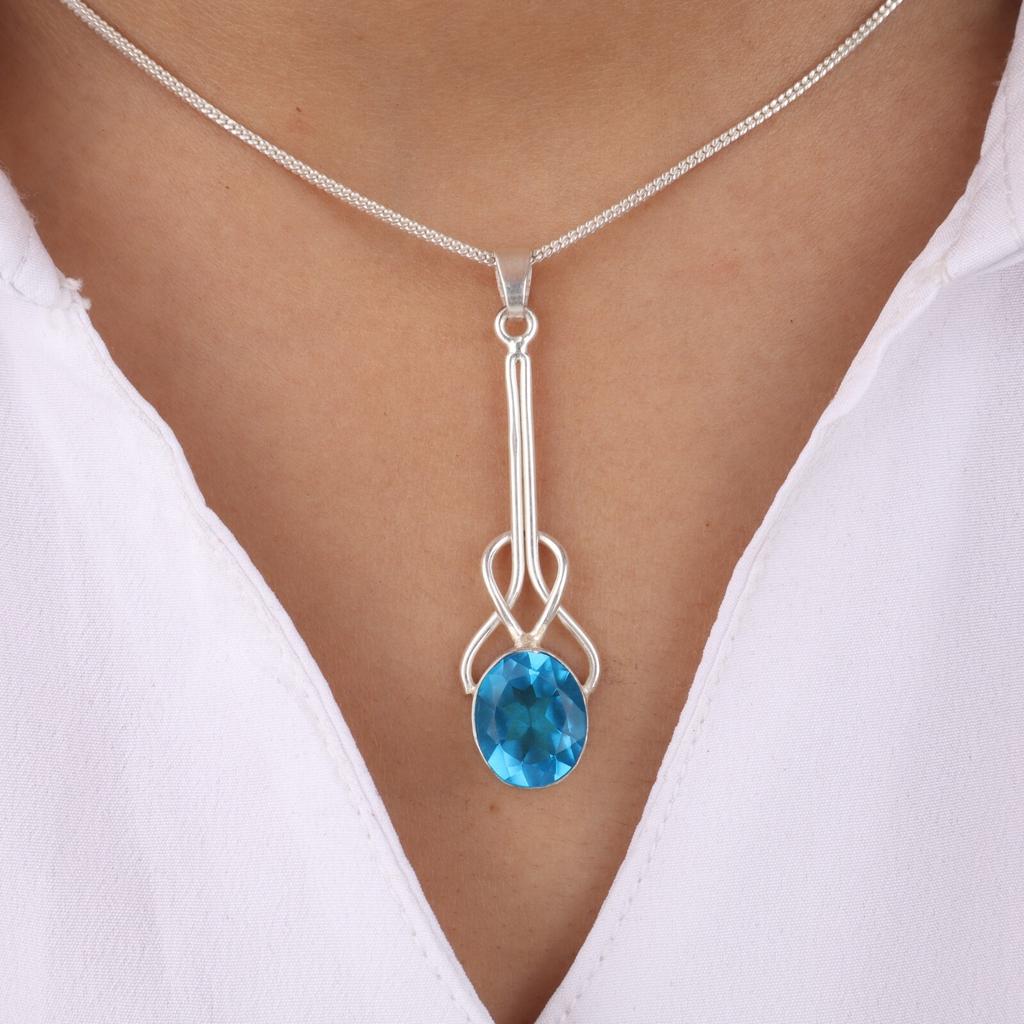 Swiss Blue Topaz Gemstone 925 Sterling Silver Jewelry Handmade Boho Pendant1.79" PP-60-8