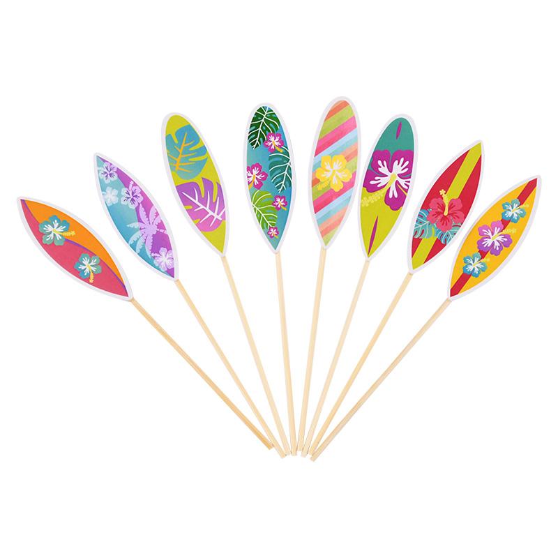 8/16Pcs Hawaiian Surfboard Cupcake Topper for Tropical Summer Luau Birthday Party Cake Decoration Beach Pool Wedding Supplies