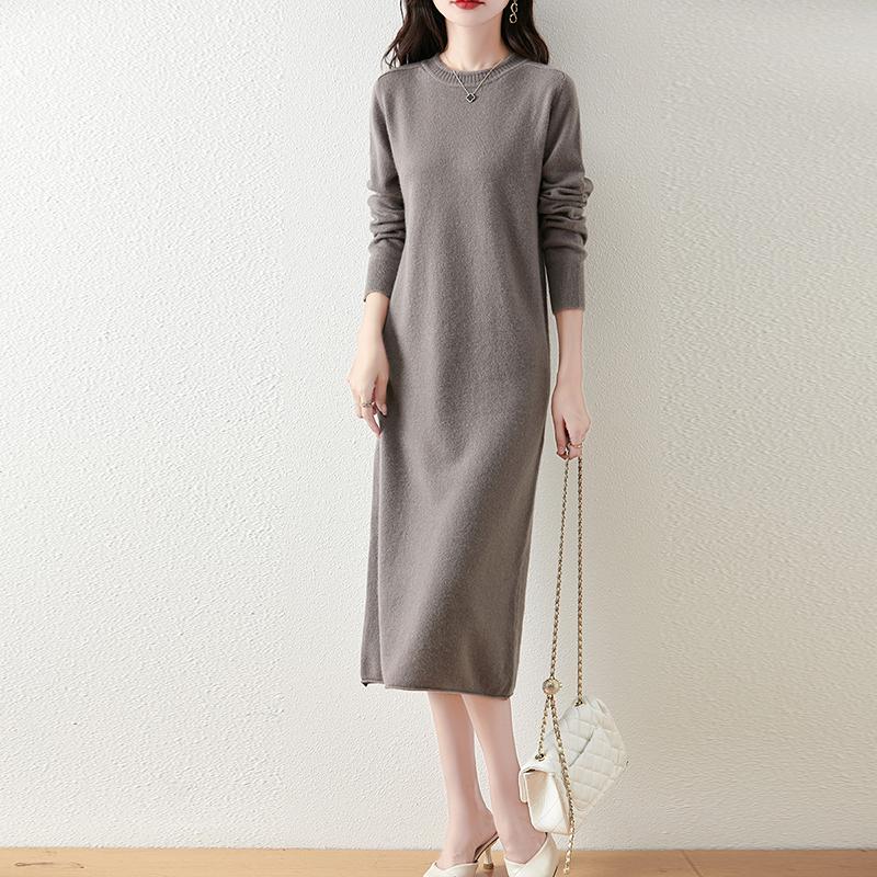 Damen Pulloverkleid 100% Wolle MODERN NEW SAGA O-Ausschnitt Strick Langer Pullover Winterpullover Wolle Langes Kleid Weiblich