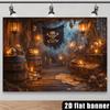 Washable 2D flat skull pirate-themed background fabric including skull flags barrel skulls treasure chests bones and oil