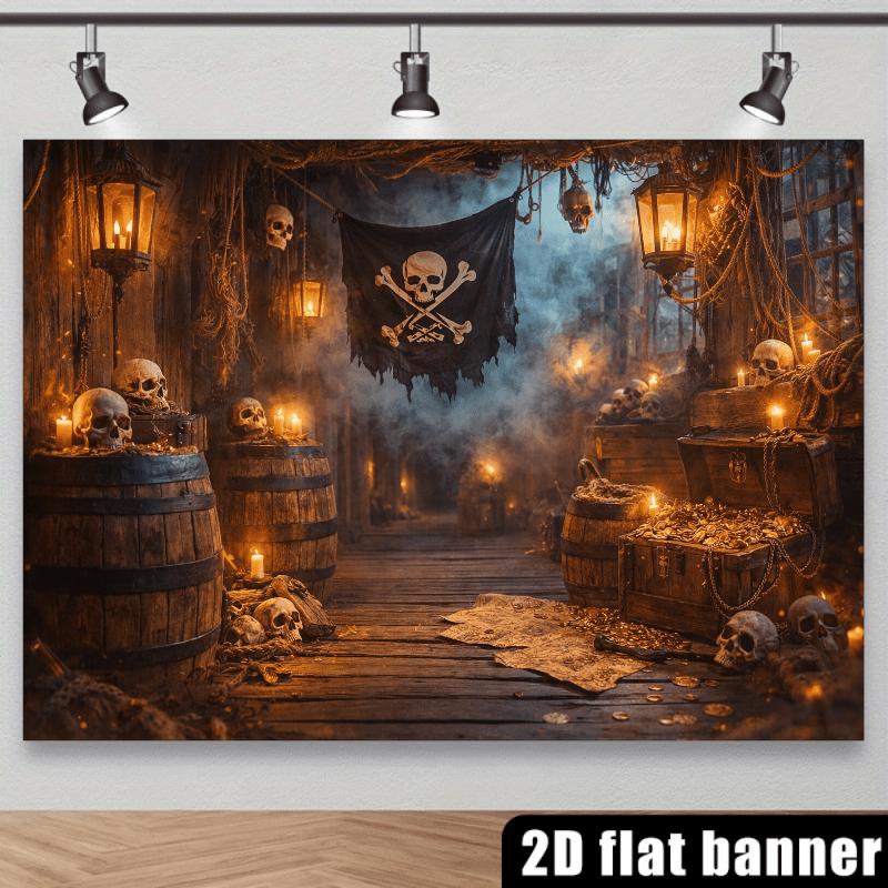 Washable 2D flat skull pirate-themed background fabric including skull flags barrel skulls treasure chests bones and oil
