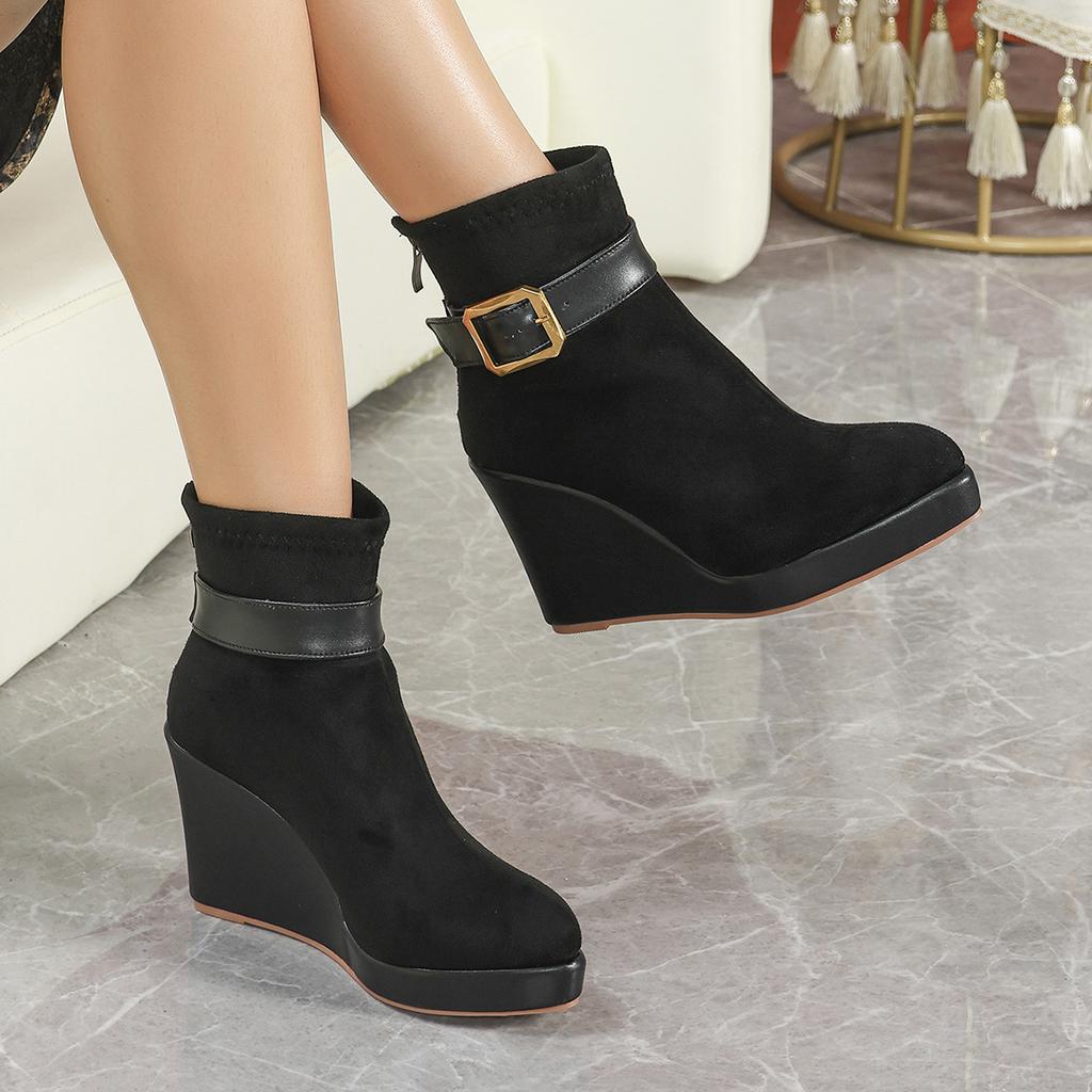 Spring Autumn Shoes Women High Heels Boots Pointed Toe Fashion Ladies Wedges Single Ankle Boots 10cm Plus Size 42