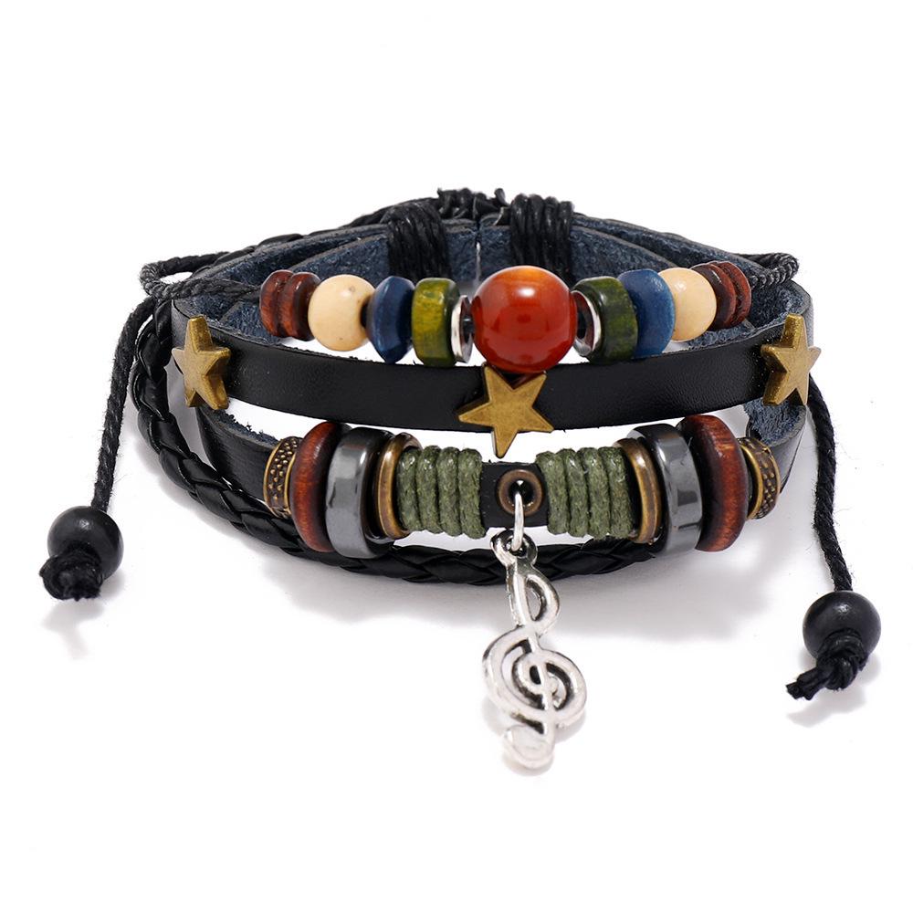 European and American Popular Hand-Woven Retro Leather Bracelet with Alloy Note and Cowhide Rope.