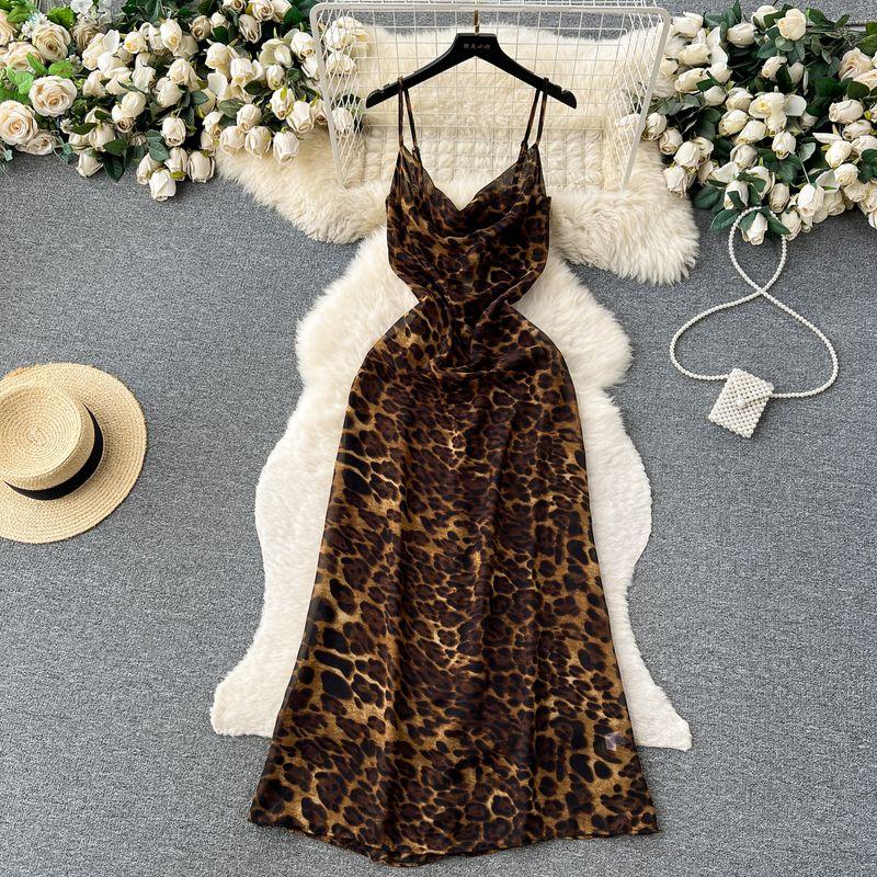 

Fashion Ins Sexy Sexy Leopard Print Sling Dress Women s Summer Thin Waist-Tight Slim Looking Swing Collar Formal Dress Leopard print L