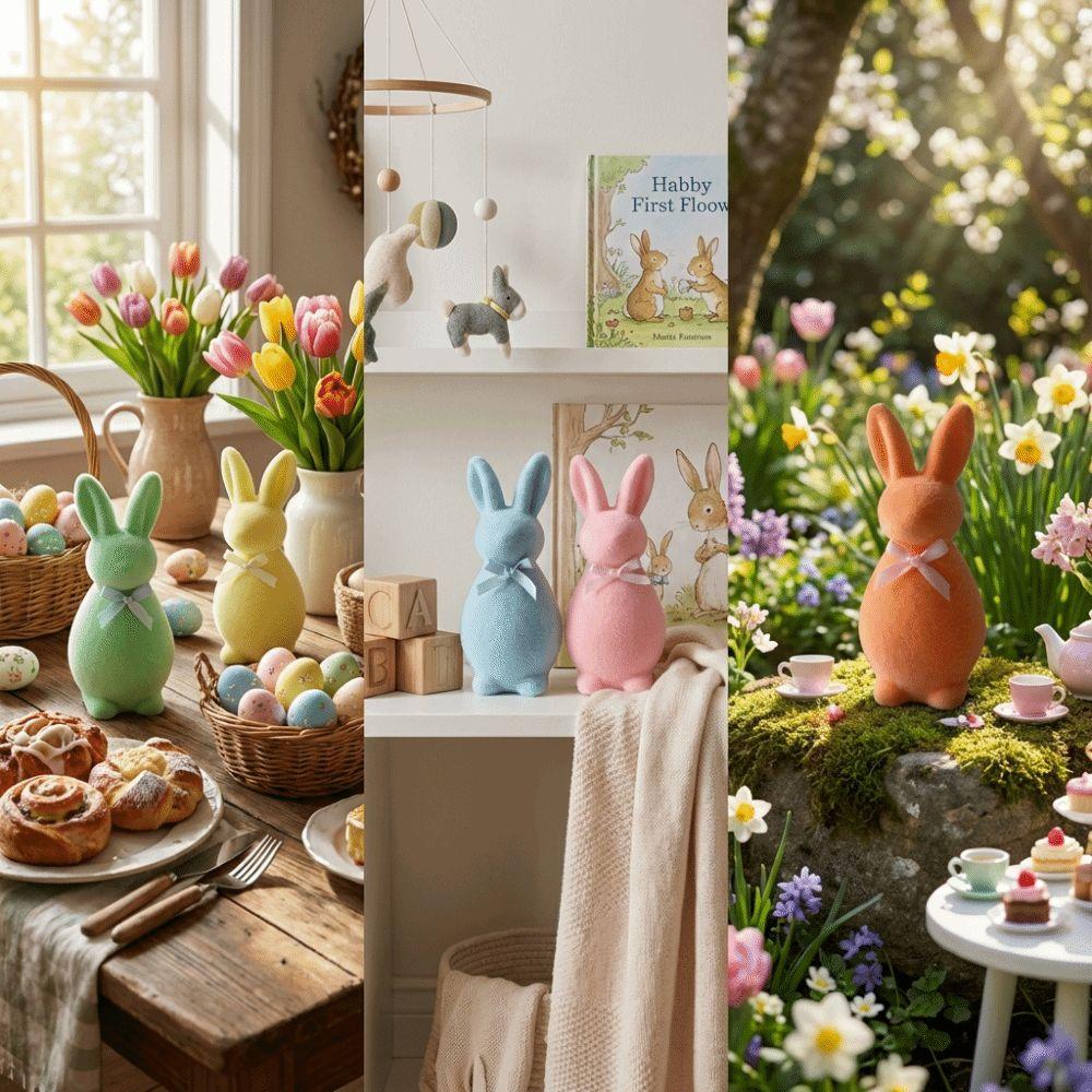 Plush Flocked Rabbit Figures with Bow Rabbit Gnome Doll Easter Bunny Statue Tabletop Ornament
