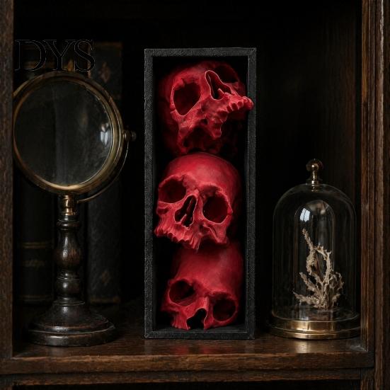 Horror Theme Decor Skulls Book Nook, Gothic Skull Bookshelf Insert, 3 Tier Stacked Sculpture Mysterious Library with Black Frame, Academia Spooky for