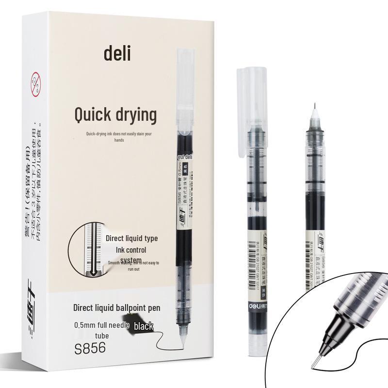 Deli S856 Quick-Dry 0.5 Black Rollerball Pen for Students - Full Needle Tube, Water-Based Ink