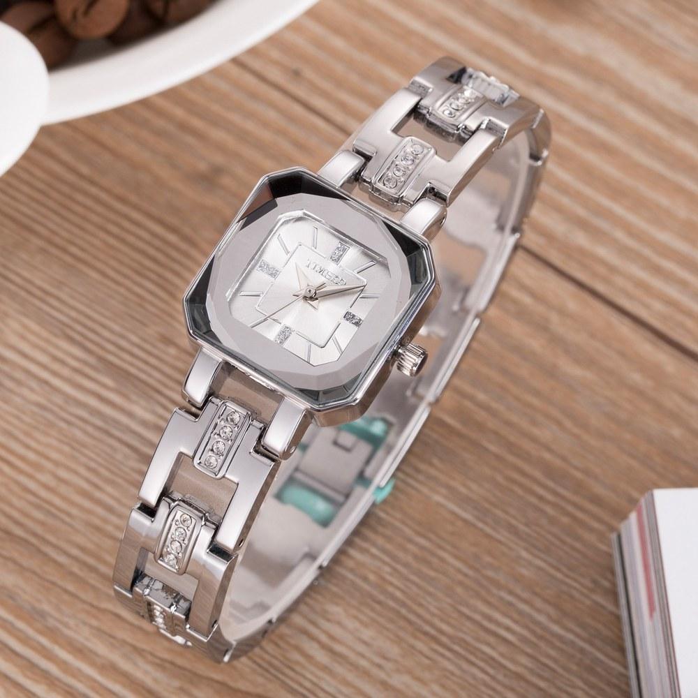 TIME100 Ladies' Skeleton Dial Wristwatch Diamond Band Quartz Water-Resistant Silver