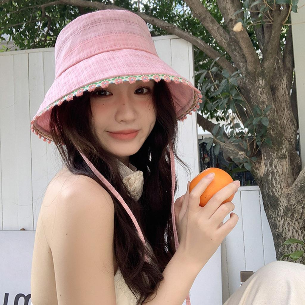 Lace Flower Brim Bucket Hat for Women Summer Wide Brim Sunshade Solid Color Lace-Up Basin Cap Girls Casua Outdoor Hat