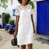 Women Summer Dress Hollow Out Lace Stitching Short Sleeve Solid Color Loose Daily