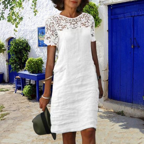 Damen Sommerkleid Aushöhlen Spitze Nähte Kurzarm Einfarbig Locker Täglich