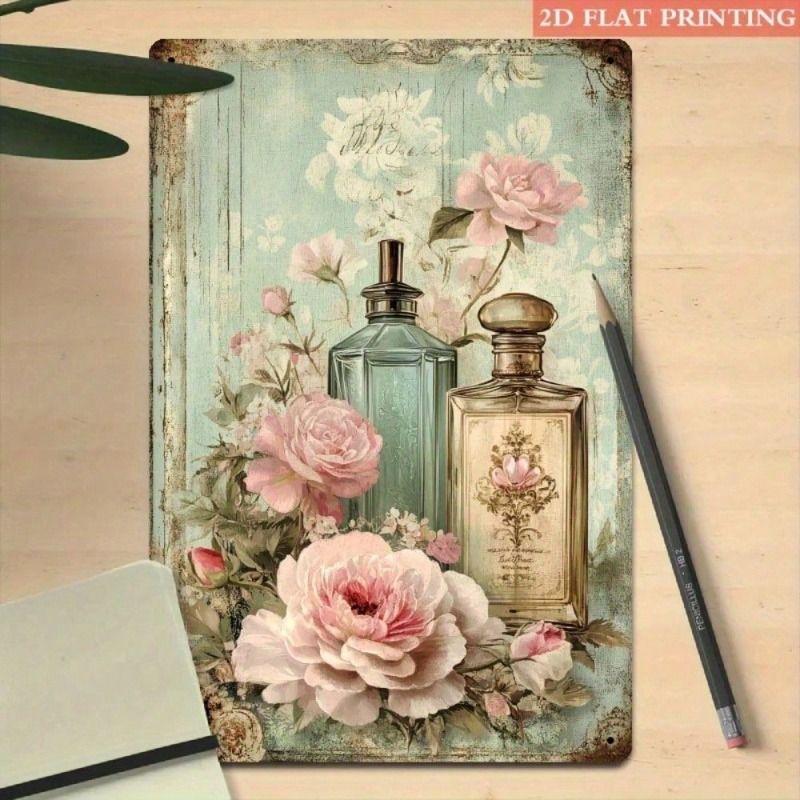 Vintage Metal Wall Sign 20x30cm Rose Perfume Bottle Decor