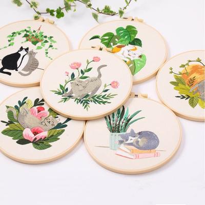 DIY Embroidery Kits 3D Cat Landscape Embroidery Stitching Kits With Hoop Art Needlework Cross Stitch Set, Embroidery Hoops