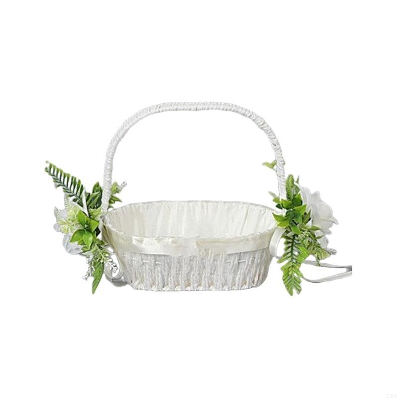 Western Wedding Flowers Basket Small Rattans Woven Basket with Handle for Bride X3UC