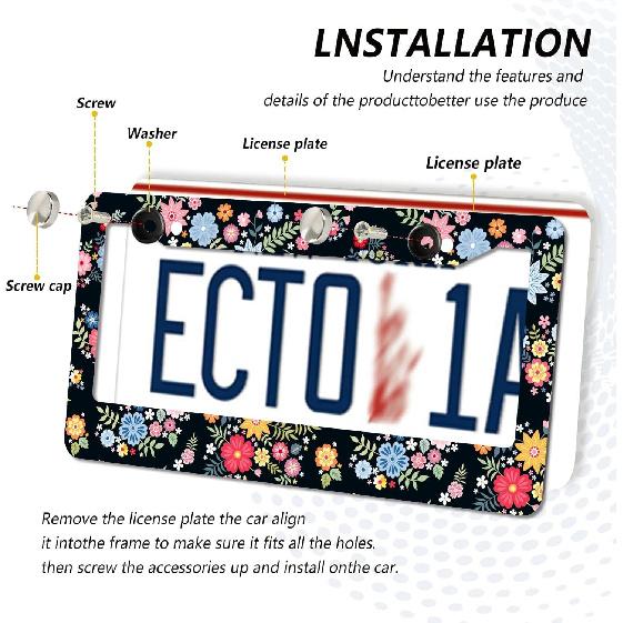 Floral License Plate Frame,Colorful Flowers Cute License Plate Frame 2 Pack Car Accessories Aluminum License Plate Covers for Men Women 2 Holes with