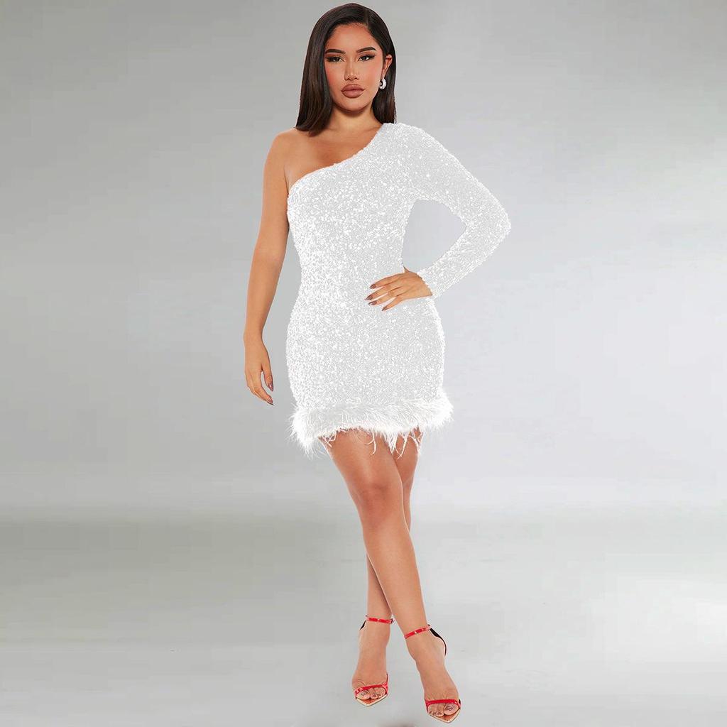 European & American Autumn/Winter Sequin Feather Dress with One-Shoulder Long Sleeve