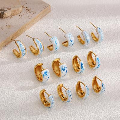 Exquisite Blue and White Porcelain Wide C- Shape Hoop Earrings Stainless Steel Gold Plated Waterproof Ear Buckles Charm Jewelry