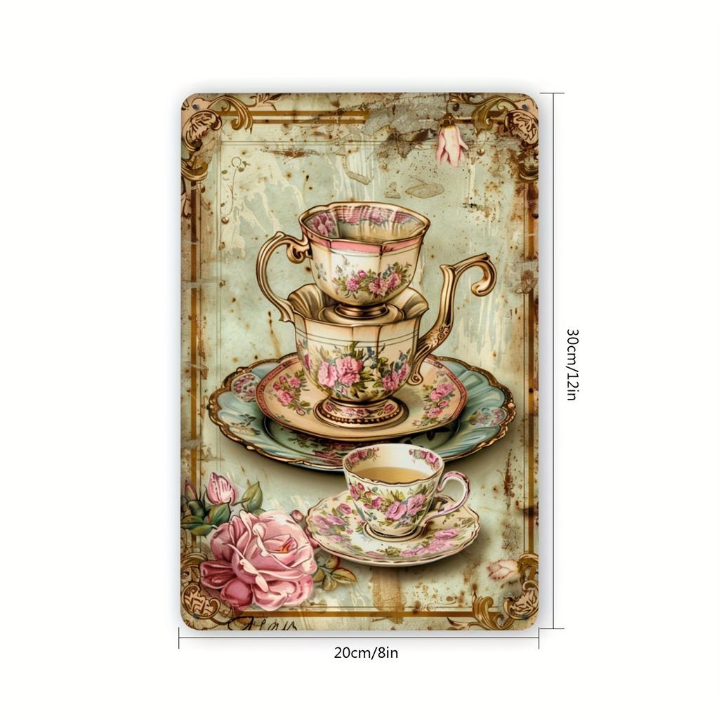 Vintage Floral Teacups Metal Tin Sign - Perfect for Tea Rooms & Coffee Shops, Classic Decor, 20.32x30.48 Cm