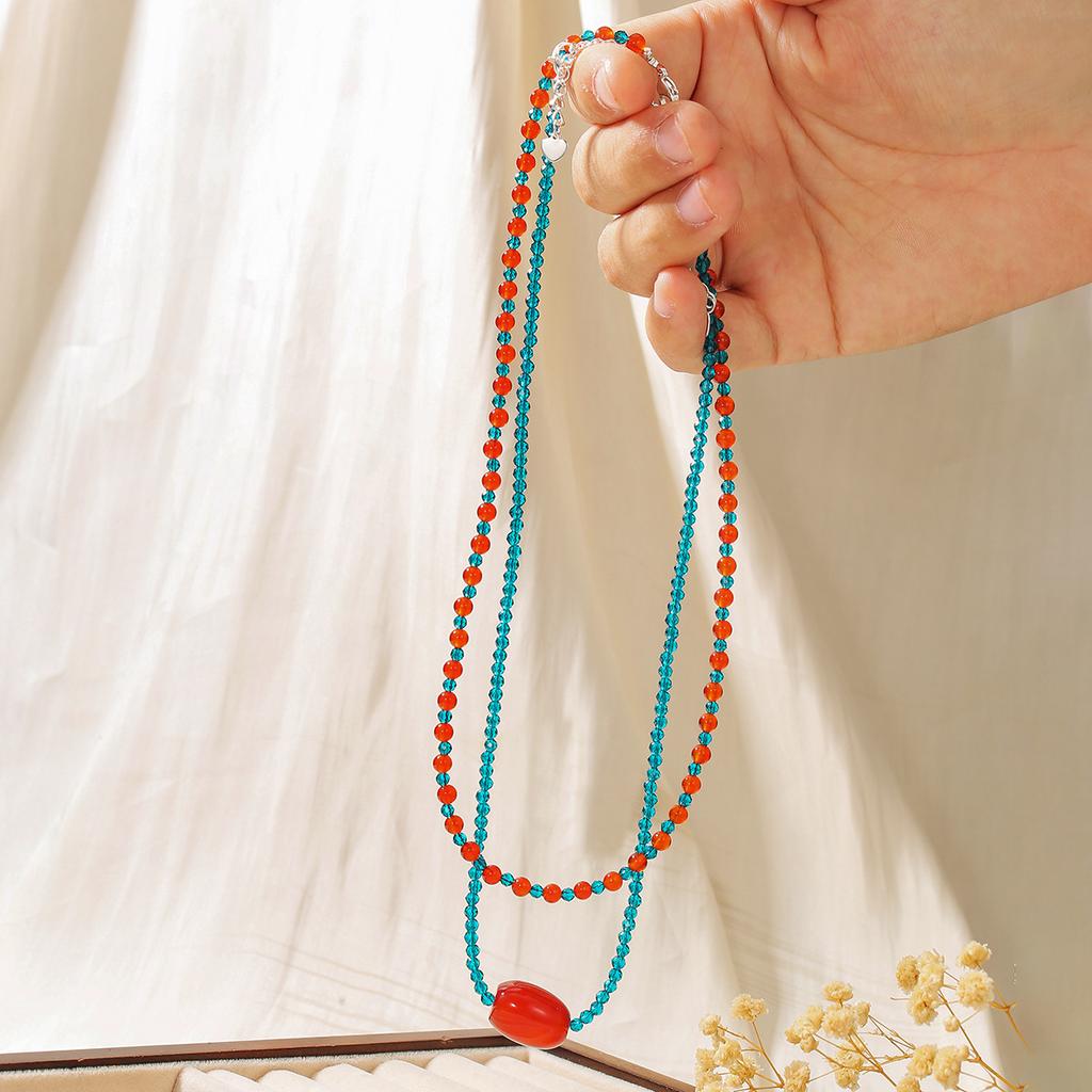 Natural red agate necklace, Xiaomi bead collarbone chain, Bohemian bead necklace, jewelry, double-layer layered necklace