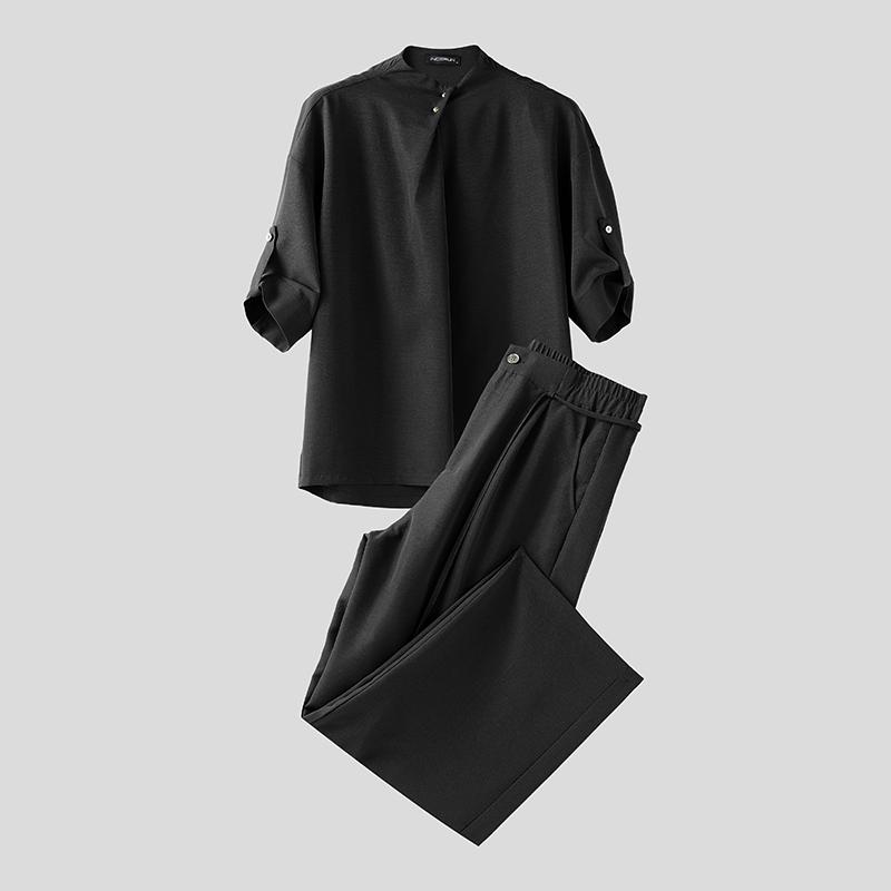 INCERUN Two Piece Suit Men Mockneck Half Sleeve Shirts Trousers Casual Loose Sets