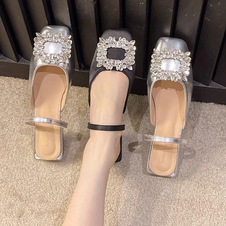 Silver Bag Head Slippers Women's French Thick Heel 2025 New Fairy Square Head One-word Buckle with Mary Jane Single Shoes
