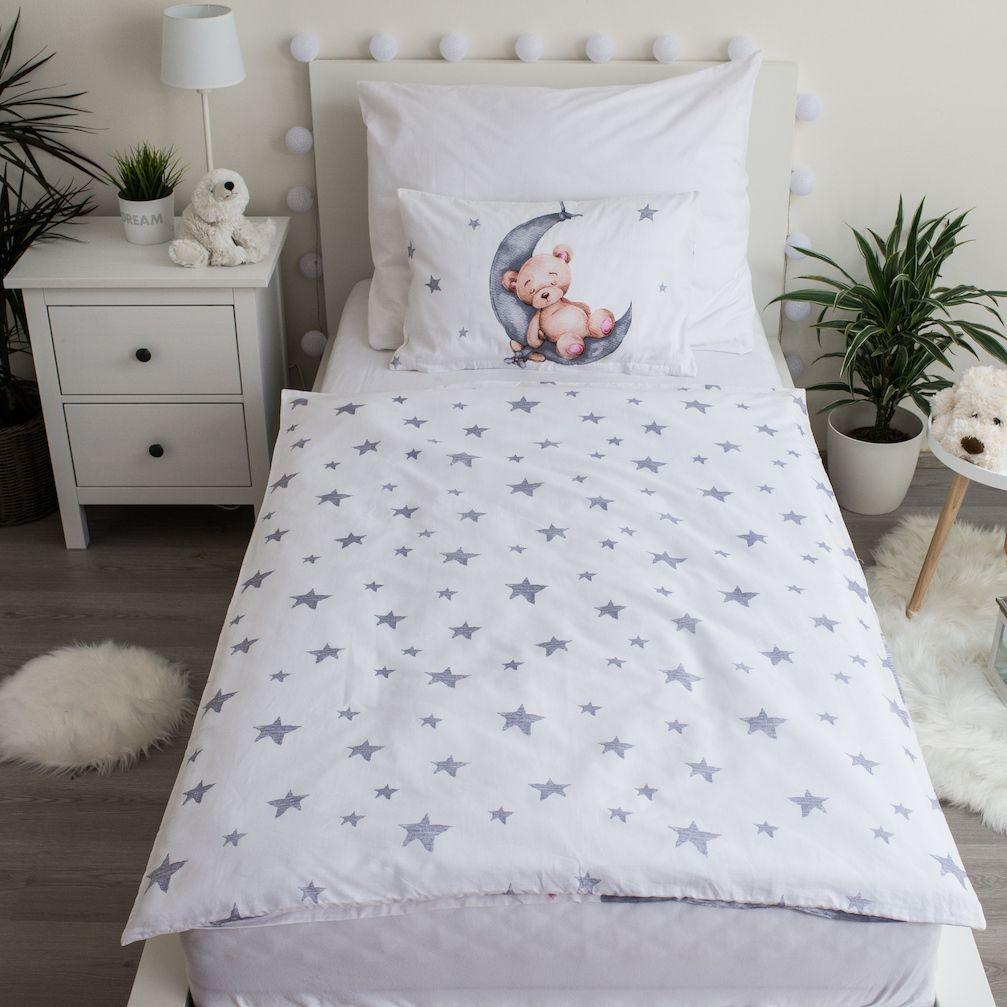 Pościel 100X135 Miś Baloniki Gwiazki 7547 Biała Szara Księżyc Chmurki Teddy Bear Dziecięca Do Łóżeczka Poszewka 40X60