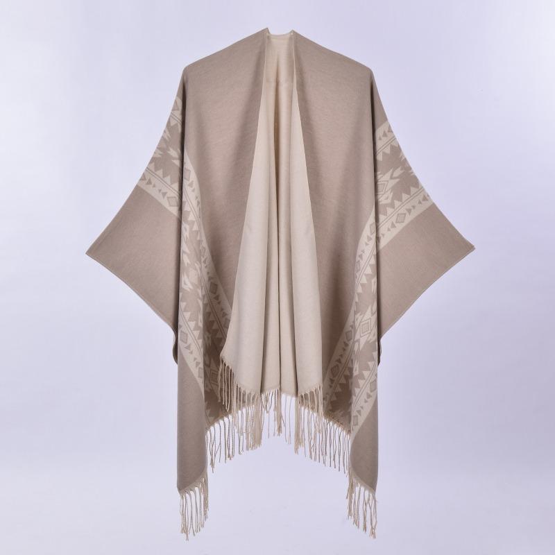 

New autumn and winter shawl scarf new jacquard fringed knitted cape cape retro ethnic 130x150cm