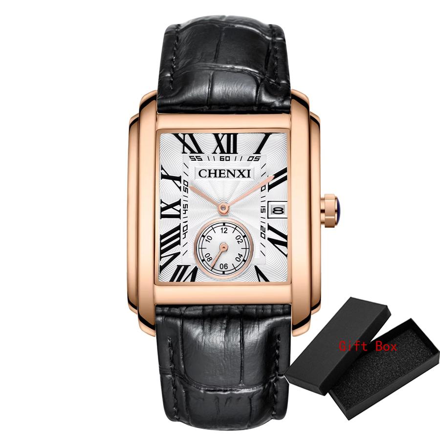 Luxury Top Brand Square Mens Wristwatches Unique Design Rose Gold Calendar Stop Watch Genuine Leather Quartz Business Male Clock