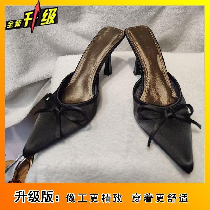 

Baotou shallow mouth half slippers women s 2025 summer women s outer wear new fashionable and versatile comfortable pointed bow high heel 35