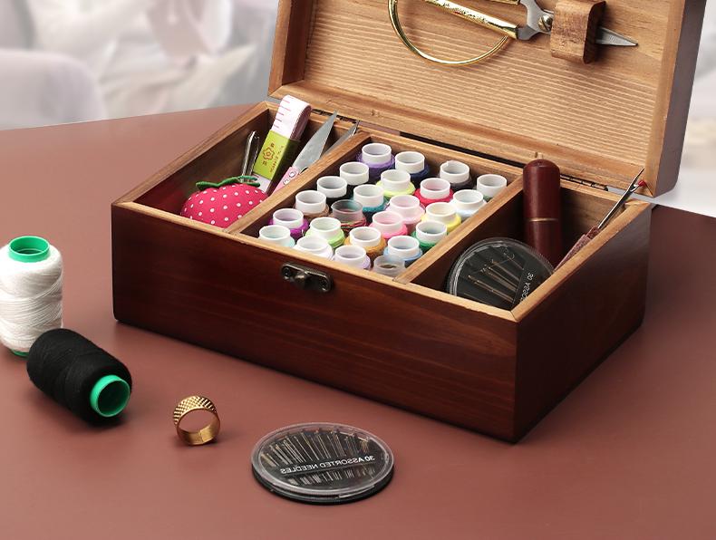 High-Quality Solid Wood Sewing Box: Complete Needle & Thread Set for Home, Weddings, Dorms