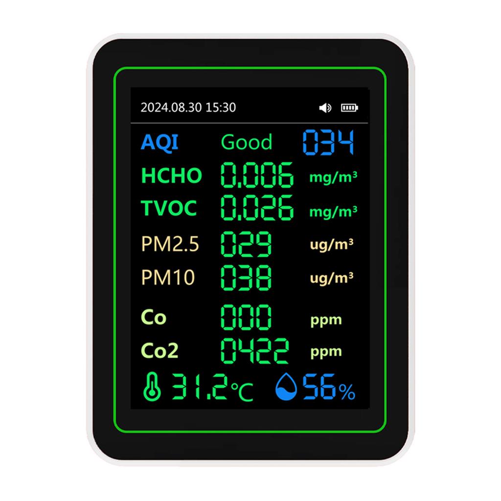 Air Quality Tester CO2 HCHO TVOC PM2.5 PM10 Temperature Humidity Sensor TFT Screen Air Quality Detector White
