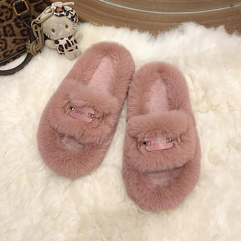 Internet celebrity thick-soled fluffy slippers women wear 2025 autumn and winter new round cotton slippers fashion trend slippers
