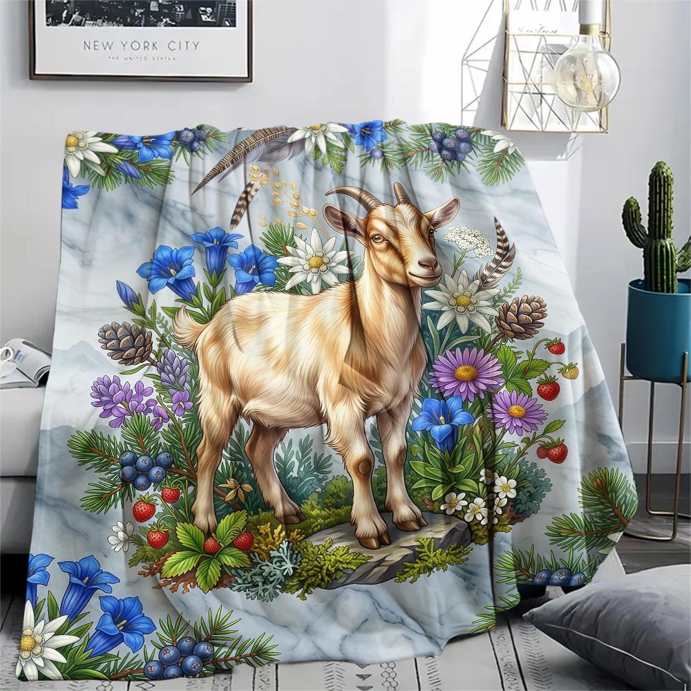 Flower Border Goat Hedgehog Print Flannel Blanket High Quality Comfortable for All Seasons Home Decor Warmth and Comfort Perfect for Christmas Gifts