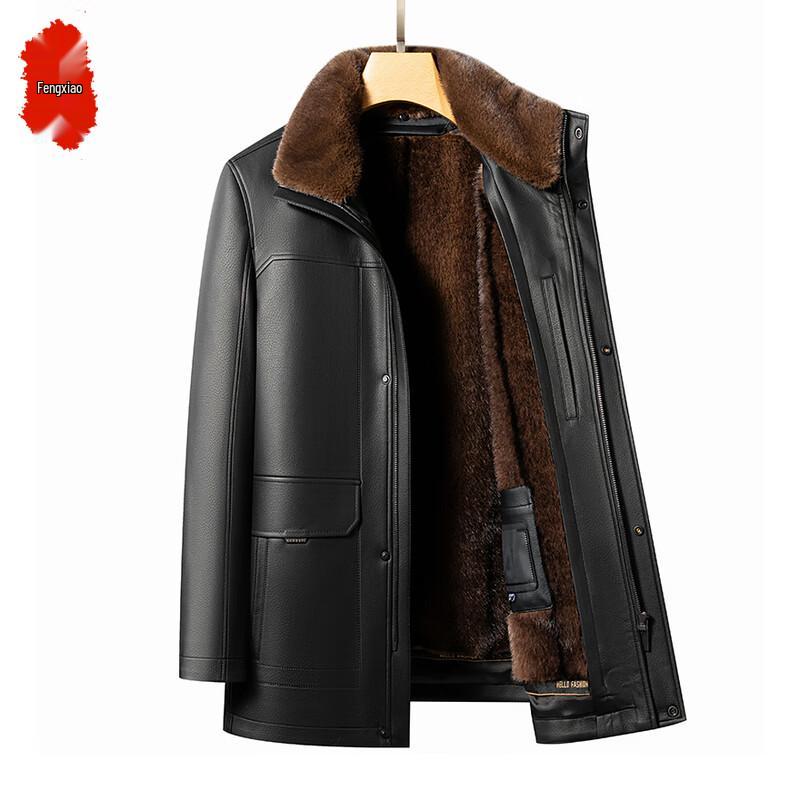 Parka Masculina em Couro Genuíno com Forro de Vison Removível e Gola de Pele