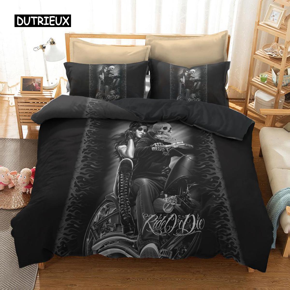 

Черный пододеяльник с изображением скелета человека, комплект постельного белья с изображением черепа ужаса, мотоцикла и красоты, пододеяльник для односпальной кровати, двуспальной кровати размера «king-size», декор US Twin(172x218cm)