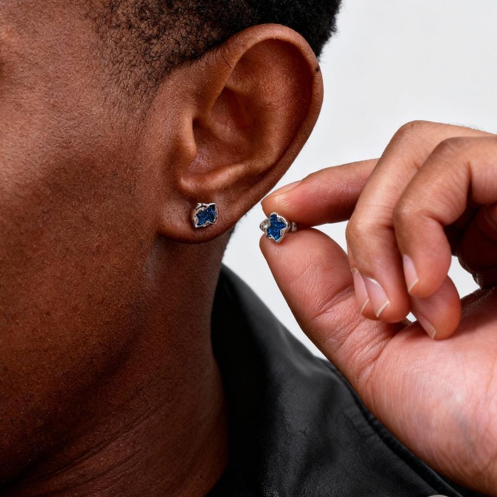 Hiphop Enamel Stud Earrings for Men Boys,Blue Black Stone Irregular Metal Piercing Stud Earring,Simple Unisex Chic Jewelry Gift